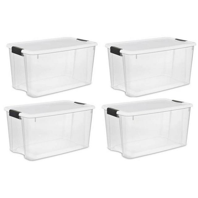 Sterilite 70 Qt Ultra Latch Box, Stackable Storage Bin with Lid, Plastic Container with Heavy Duty Latches to Organize, Clear and White Lid, 4-Pack