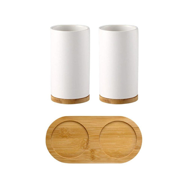 EKDJKK Toothbrush Holder Cup Ceramics & Bamboo for Bathroom, Tooth Brush Cup Holder & Organizer, Space Saving (Matte White, Double Cup)