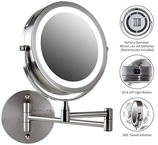 Brushed Nickel Wall Mount LED Lighted Makeup Mirror, 1x/10x Magnification