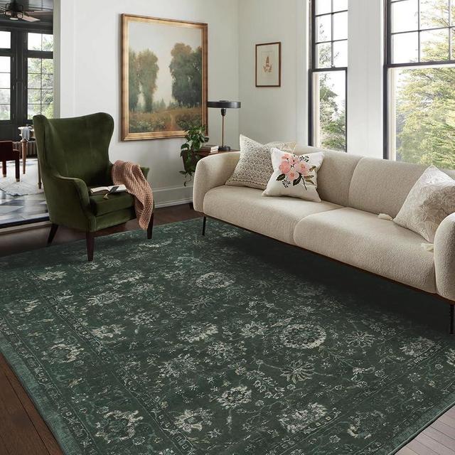 LIMON HOME Olive Green Area Rug 8x10 for Living Room,Washable Rugs,Stain Resistant 8 by10 Carpet,Vintage Farmhouse Emerald Green Rug for Bedroom