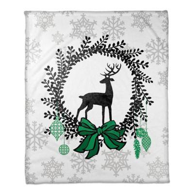 Reindeer Wreath Throw Blanket in White/Black
