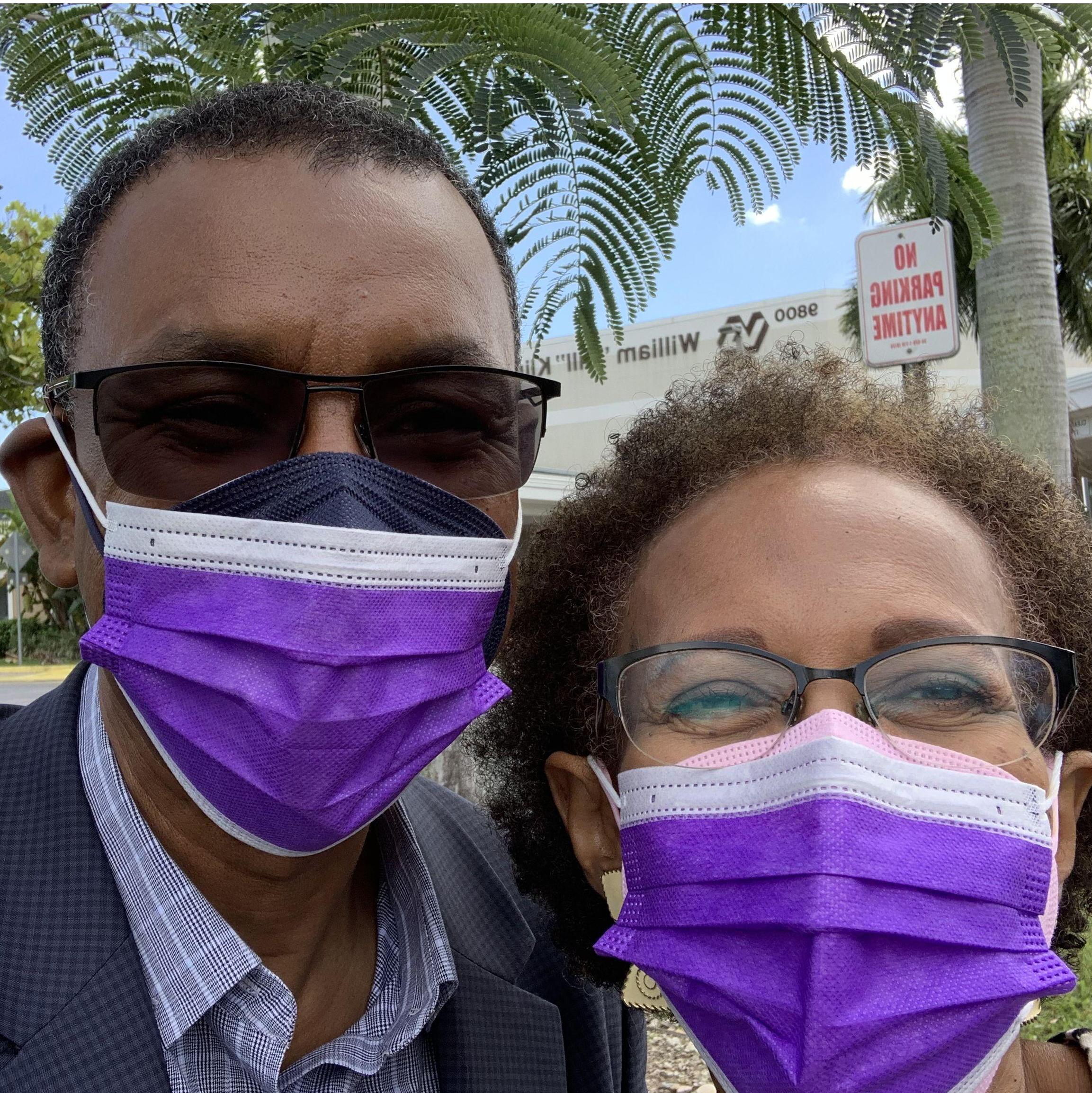 We "double masked" for a visit to the VA for Ricky's COVID-19 vaccine. Trivia tidbit: Ricky loves purple!