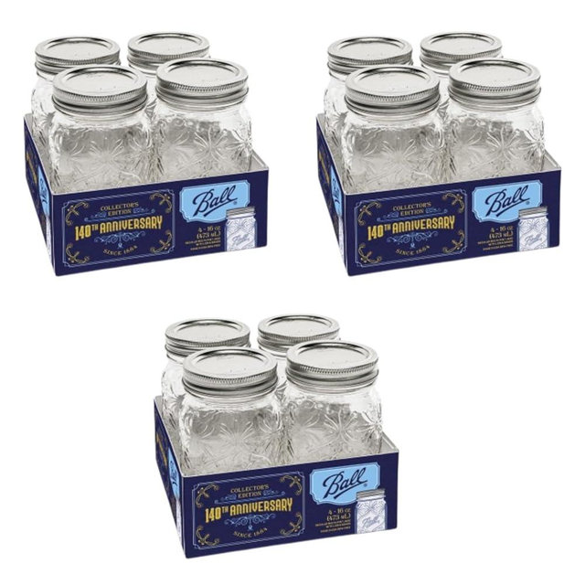 Ball Limited Edition 140th Anniversary Glass Mason Jars, Regular Mouth, Pint Size, 16 OZ, 4-Count, Pack of 3 (12 Jars Total)