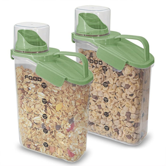 Two Pack Food & Cereal Storage Container - 2.6L Airtight Plastic Kitchen Organizer Bin with Pouring Spout, Measuring Cup Lid, Ideal for Dry Food, Rice, Sugar, Pet Food dispenser - BPA free (Green)