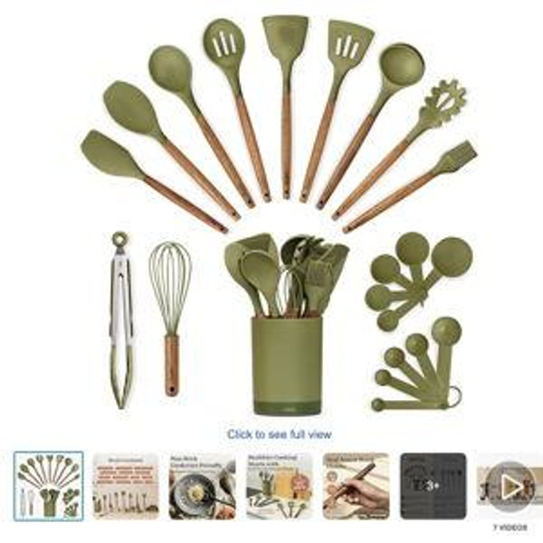 Silicone Kitchen Utensils Set & Holder: Cooking Utensils Set - Kitchen Essentials for New Home & 1st Apartment- Silicone Spatula Set, Cooking Spoons for Nonstick Cookware (Acacia Wood, Green)