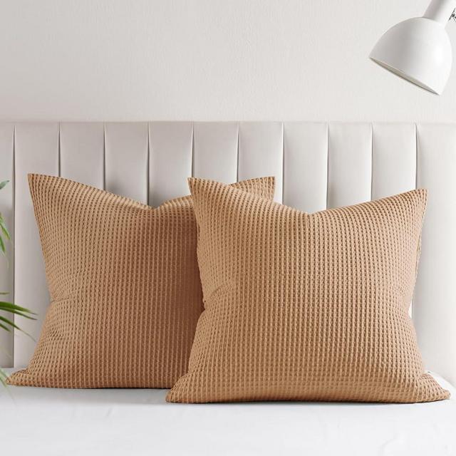 PHF 100% Cotton Waffle Weave Throw Pillow Cover, 22" x 22", No Insert, 2 Pack Elegant Home Decorative Square Throw Pillow Covers for Bed Couch Sofa, Standstone