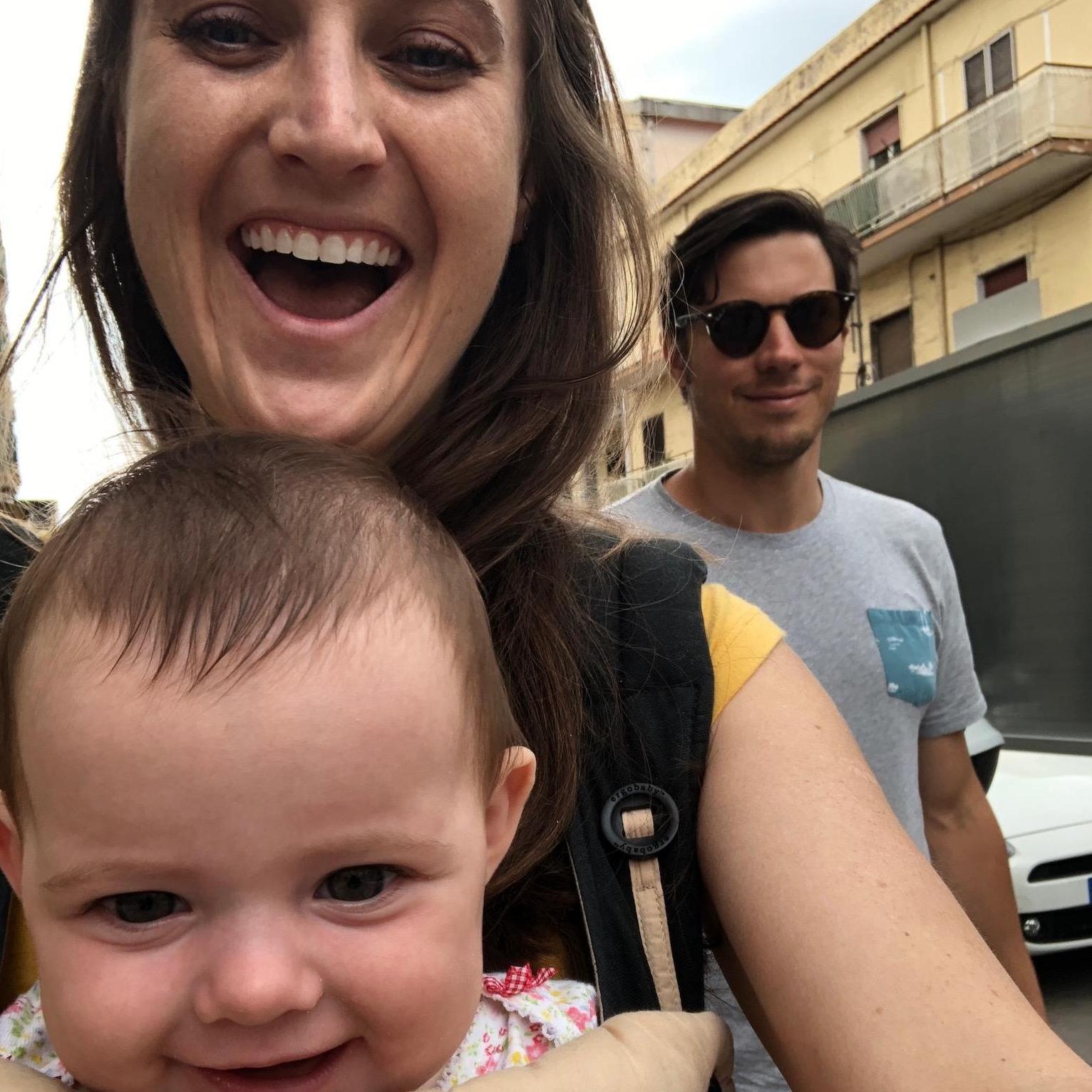 Marlowe, AuntieDoula Jen and Patrick - in Italy, one day after we got engaged!
