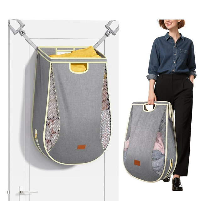 Ligereza Large Capacity Hanging Laundry Hamper Bag,Portable Over The Door Laundry Basket,Breathable Clothes Hamper,for Dormitory/Bathroom/RV Camping 14.5 x 8.6 x 25.5 in (Gray)
