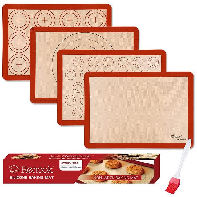 RENOOK Silicone Baking Mats-Set of 4 Nonstick Half Sheets (16.5'' x 11.5'') and 1x Oil Brush- BPA-free Grade Food & Reusable Baking Oven Liner Sheet - Dishwasher Safe - Macaron, Pastry, Pizza, Cookie