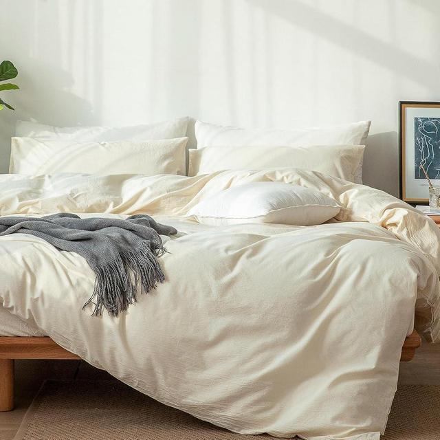 MooMee Bedding Duvet Cover Set 100% Washed Cotton Linen Like Textured Breathable Durable Soft Comfy (Cream White, Super Queen)