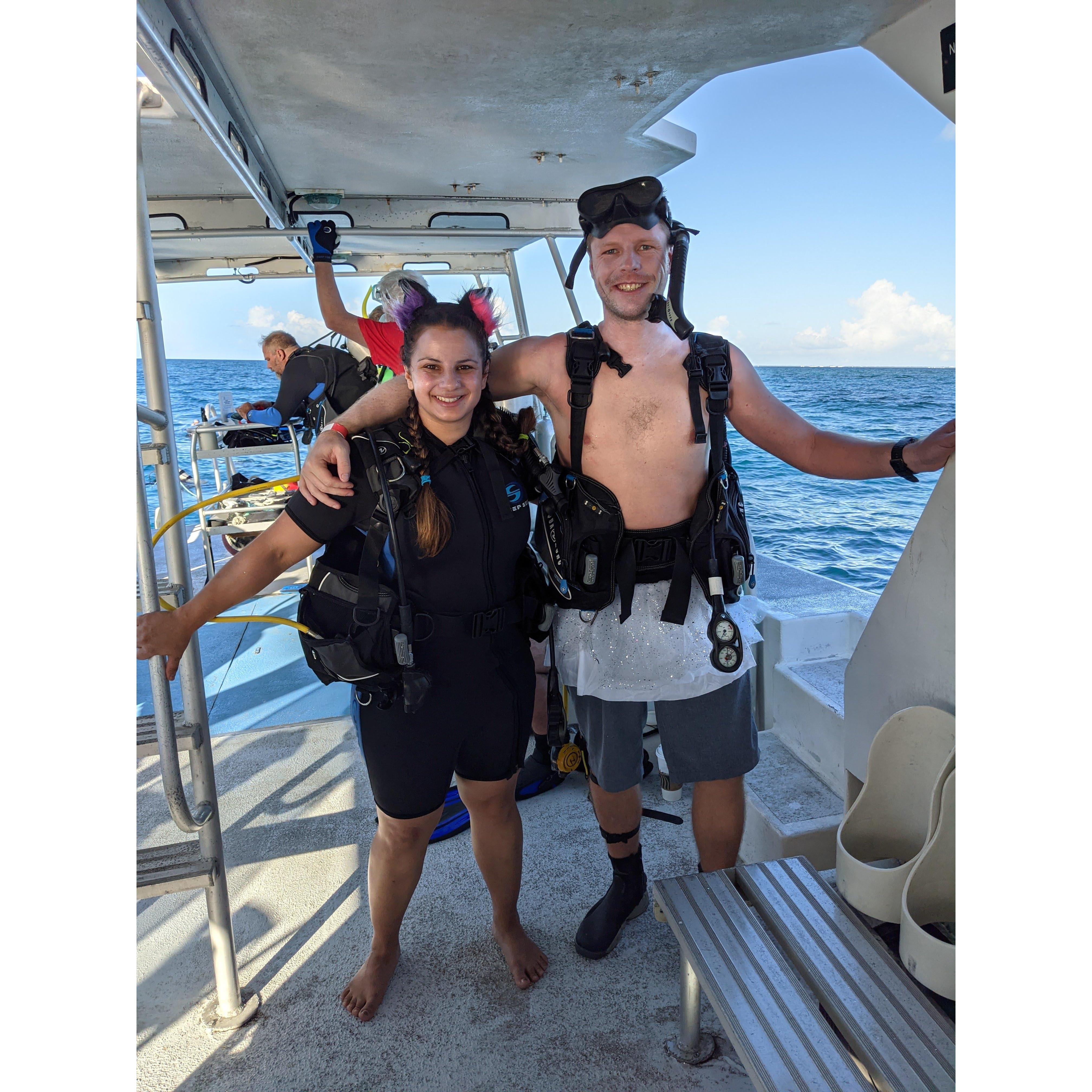 Halloween scuba diving in Key Largo (note the tutu and cat ears)