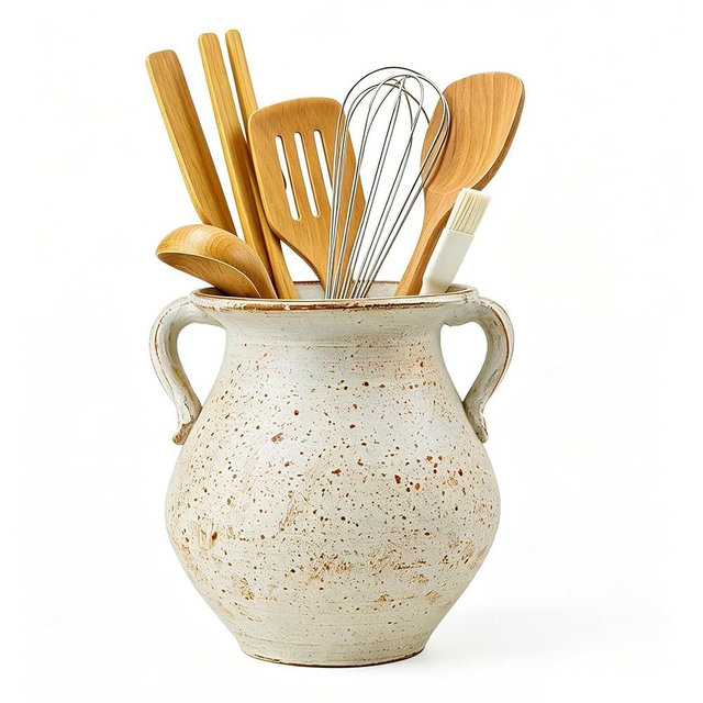 OOXYG Rustic Kitchen Utensil Holder for Countertop, 7.6x4.9In Large Ceramic Cooking Utensil Crocks for Countertop, with non-slip pads, Morden Farmhouse Vintage Kitchen Counter Decor