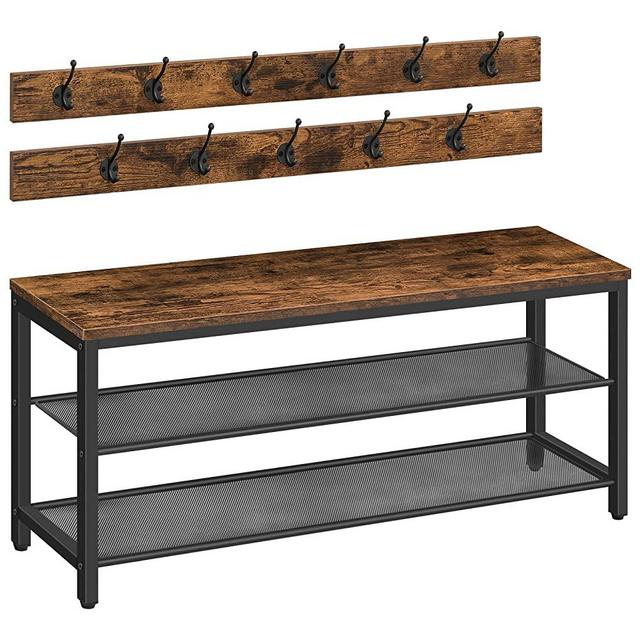 ALLOSWELL 39.4" Coat Rack Shoe Bench Set, 3-Tier Entryway Shoe Bench with 11 Coat Hooks, Industrial Style Shoe Rack, Sturdy and Durable, for Entryway, Hallway, MudRoom, Rustic Brown Black BSHR1001
