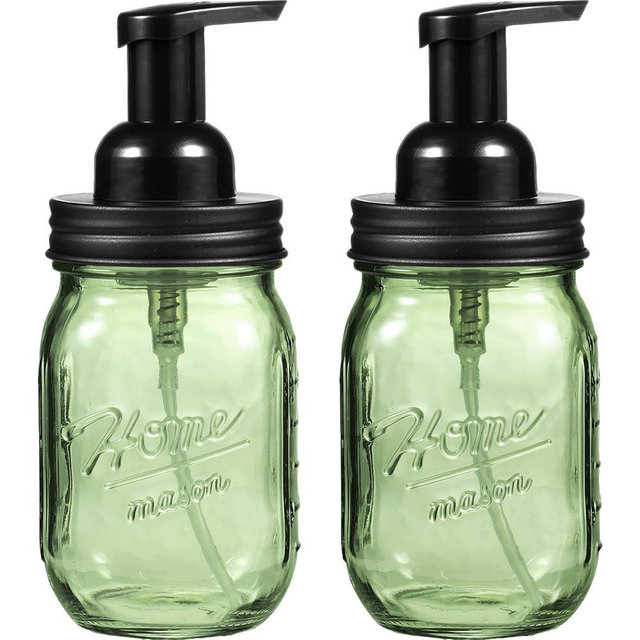 Amolliar 16OZ Green Glass Mason Jar Foaming Soap Dispenser, Plastic Pump & Stainless Steel Lid, Refillable Hand Soap Dispenser for Kitchen Bathroom, Farmhouse Decor for Foaming Dish Soap, Black 2 Pack