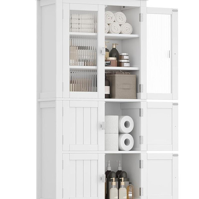 Akxomel 53.1" H Tall Bathroom Storage Cabinet, Bathroom Floor Cabinet with 6 Doors and Adjustable Shlef, Linen Cabinet, Pantry Cabinet for Living Room, Kitchen, Entryway, White
