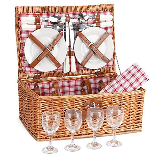G GOOD GAIN Picnic Basket Set | 4 Person Picnic Hamper | Wicker Picnic Basket for 4 | Picnic Set for 4 | Willow Hamper Service Gift Set with Waterproof Picnic Blanket for Family Outdoor Camping Party