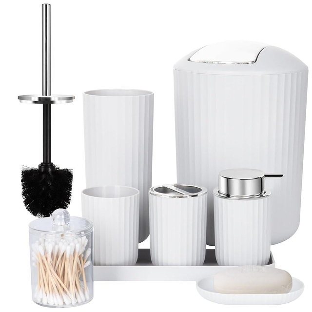 FEILANDUO Bathroom Accessories Sets Complete, 8 Pcs Bathroom Accessory Set with Trash Can, Soap Dispenser, Soap Dish, Toothbrush Holder,Toothbrush Cup,Toilet Brush and Qtip Holders,Vanity Tray (White)