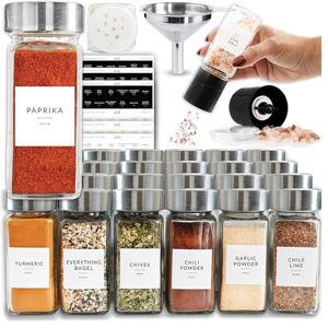 SAVVY & SORTED Glass Jars with 24PK 4oz Containers for Herbs and Seasonings – Includes Pepper Grinder, 374 Labels, Funnel, Shaker Lids & Empty Bottles