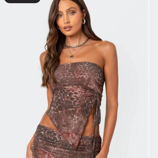 Leopard printed asymmetric mesh tube top