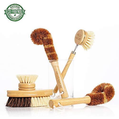 Plant-based 5pcs Kitchen Brush Set by HELLO NATURE, Biodegradable Natural Fibre Wooden Dish Brush,Bottle Brush,Pot Brush,Vegetable Brush and Replaceable Head, Eco-friendly, Plastic Free product