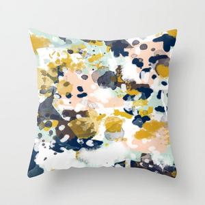 Sloane - Abstract painting in modern fresh colors navy, mint, blush, cream, white, and gold Throw Pillow by charlottewinter