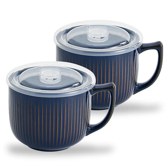Hoilse Ceramic Soup Bowls with Handle and Vented Lid, 32oz Large Wide Soup Mugs with handles, Soup Cups for Ramen, Pastas, Salads, Cereals, Microwave and Dishwasher Safe- set of 2 (Vintage Blue)