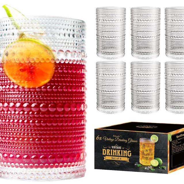 Pohoudy Hobnail Drinking Glasses Set of 6-12oz Vintage Beaded Highball Glasses, Clear Retro Textured Glasses Cups, Heavy Glassware Tumbler for Cocktail Beverage Water Rocks