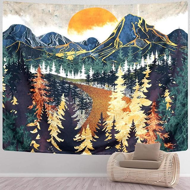 SENYYI Mountain Tapestry Wall Hanging Forest Trees Art Tapestry Sunset Tapestry Road in Nature Landscape Home Decor for Room (70.9 x 92.5 inches)