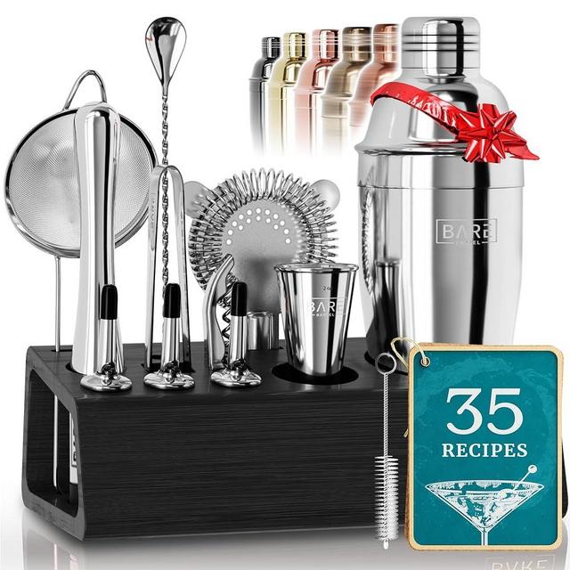 BARE BARREL® Mixology Bartender Kit Bar Set | 14-Piece Martini Cocktail Shaker Set | Professional Barware Mixing Tools for Home Bartending | Stand & Recipe Cards | Gift Set (Silver Black)