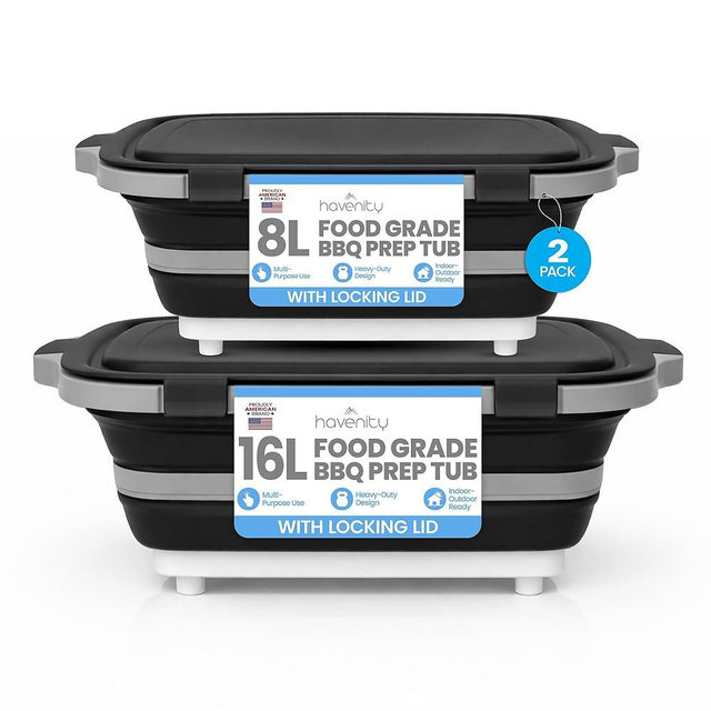 Havenity BBQ Prep Tub 2 Pack (8L+16L) - Multifunctional Collapsible Camping Cutting Board with Upgraded Locking lid, Meal Prep Meat Storage Container Perfect for Grilling, Outdoor Cooking (Large + XL)
