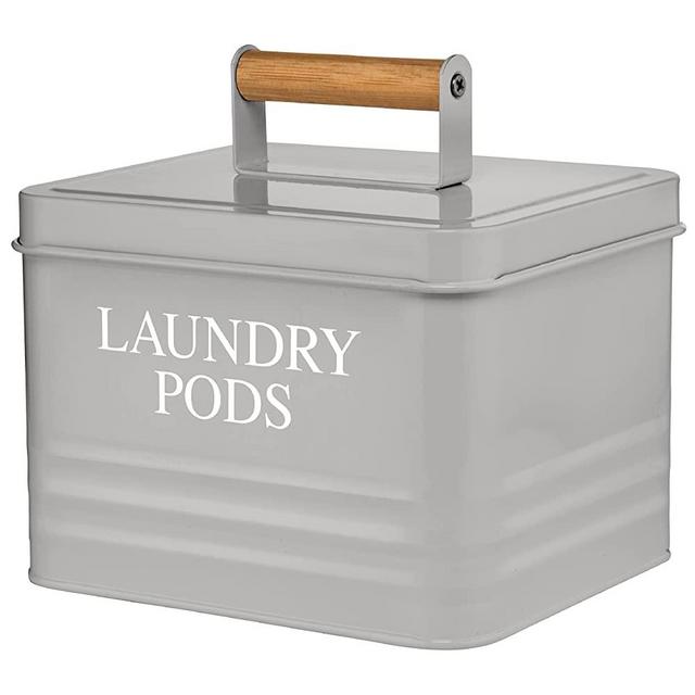 Calindiana Modern Farmhouse Metal Laundry Pods Holder Container with Lid for Laundry Room Decor and Accessories and Space Saving Laundry Room Organization and Storage, Holds 81 Laundry Pods, Grey