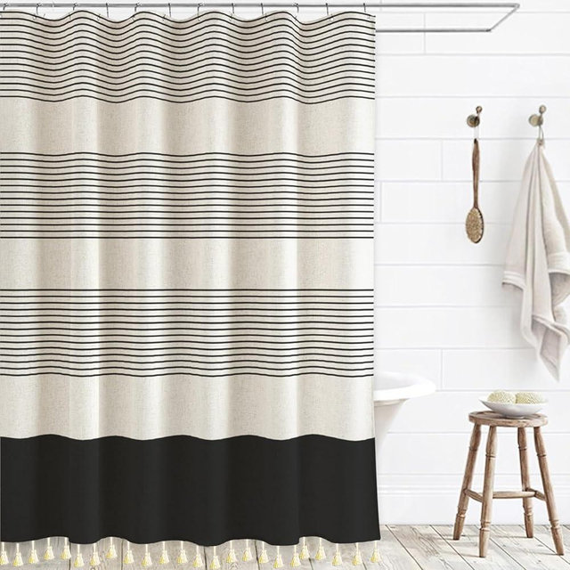 WOUVMA Boho Shower Curtains for Bathroom with Tassels Black Farmhouse Striped Shower Curtain Beige Rustic Linen 72x72 Inches