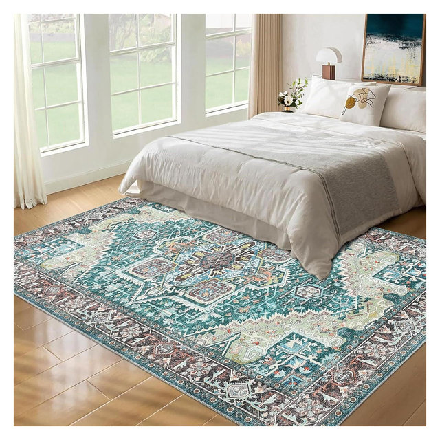 Acekool Boho Washable Rug 9'x12' Non-Slip Vintage Runner for Living Room & Bedroom, Soft Low-Pile Carpet, Green