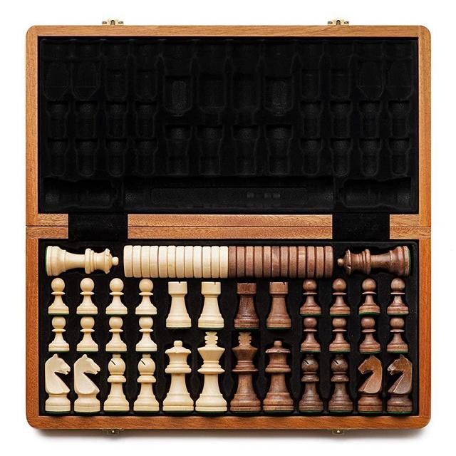 A&A 15" Folding Wooden Chess & Checkers Set w/ 3" King Height Chess Pieces / 2 Bonus Queen / German Knight Staunton Wooden Chessmen / Mahogany Box w/ Mahogany & Maple Inlay / Classic Board Game