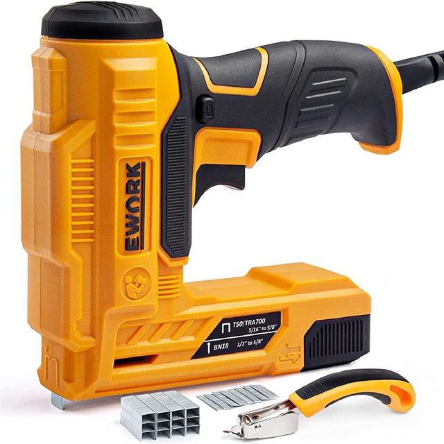 EWORK Electric Brad Nailer/Staple Gun for Upholstery, DIY Project, Carpentry and Woodworking, Electric Nail Gun with 3 Safety Protection Devices, Including Staple Remover, Brad Nails and Staples