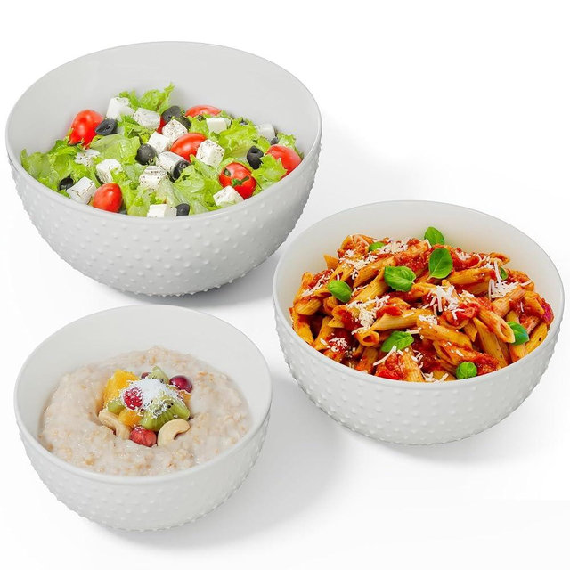 Gibson Elite 3-Piece Stoneware Mixing Bowl Set, 6.8", 8", 9.8" - Modern Stoneware Dishware, Dishwasher Safe & Microwave Safe - Space-Saving & Stackable Bowl Set for Cooking, Baking, Serving (White)