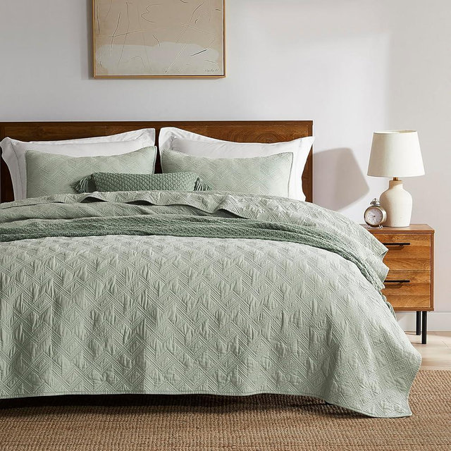WDCOZY Sage Green 100% Cotton Quilt Bedding Sets Queen Size with 2 Pillow Shams, Shabby Chic Rustic Textured Gauze Lightweight Country Soft Bedspread Coverlet for All Season, 3 Pieces, 90x96 inches