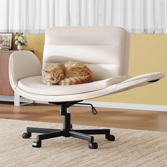 Criss Cross Chair with Flip-Up Arms & Swivel Wheels, Vanity Chair with Adjustable Height & Side Pockets, Comfortable Wide Seat Reclining Computer Office Desk Chairs for Home Office, Make Up, Bed Room