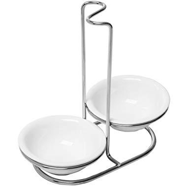 Modern White Ceramic Kitchen Double Ladle Spoon Rest Holder with Stainless Steel Rack