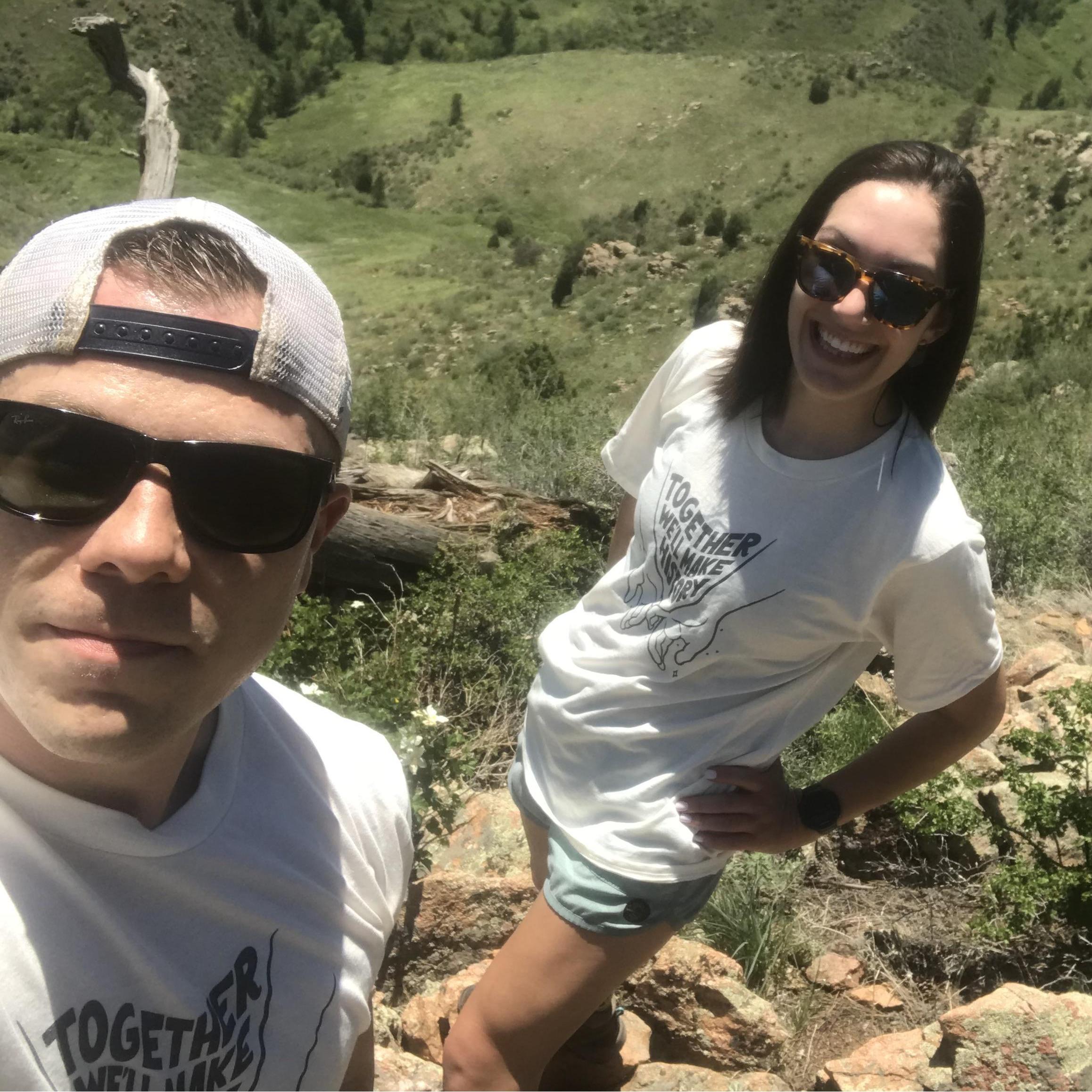 Abby's parents made the kids wear matching outfits on vacation so they would not get lost. Abby and Bill went hiking in Denver & wore matching shirts to keep the tradition alive (they still got lost).