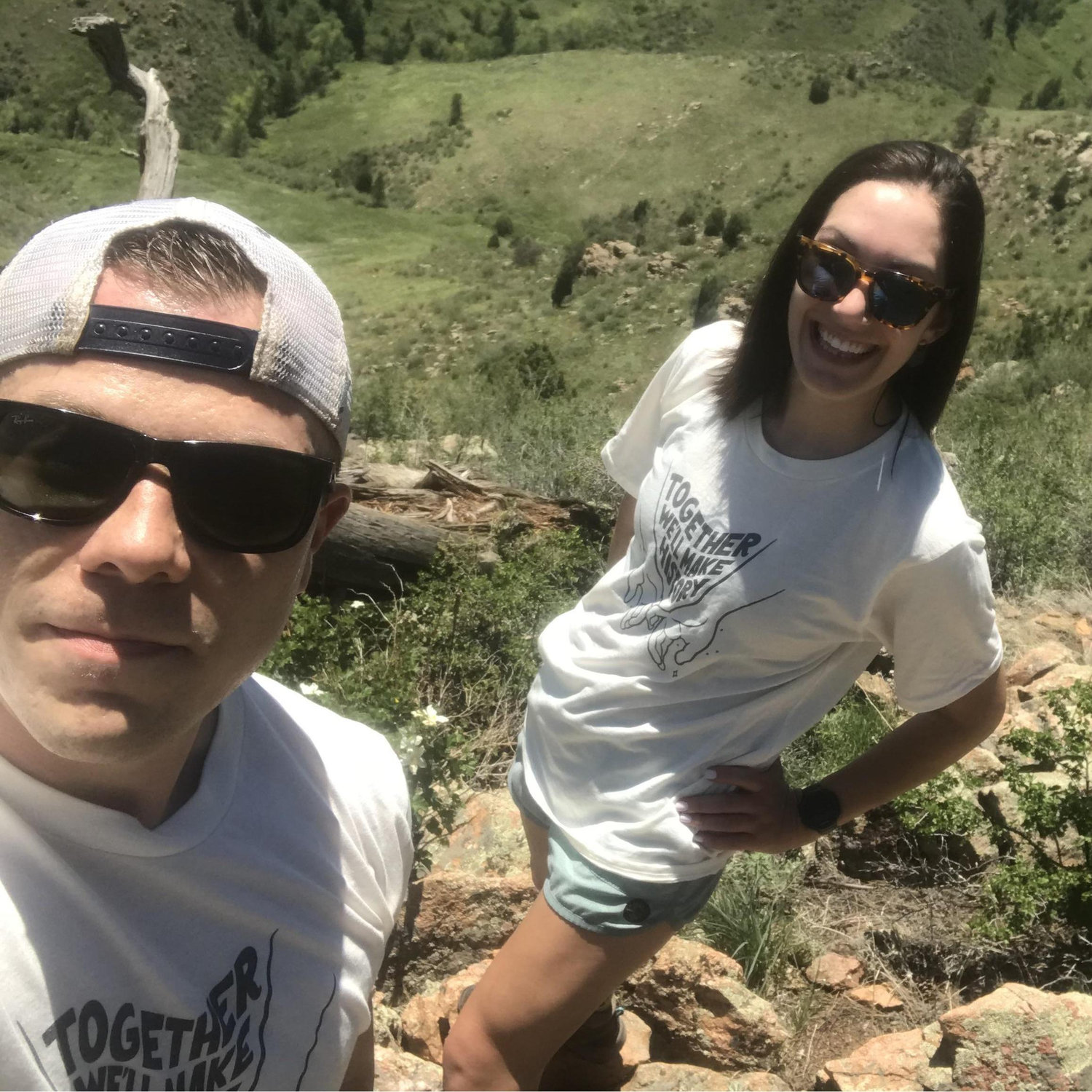 Abby's parents made the kids wear matching outfits on vacation so they would not get lost. Abby and Bill went hiking in Denver & wore matching shirts to keep the tradition alive (they still got lost).