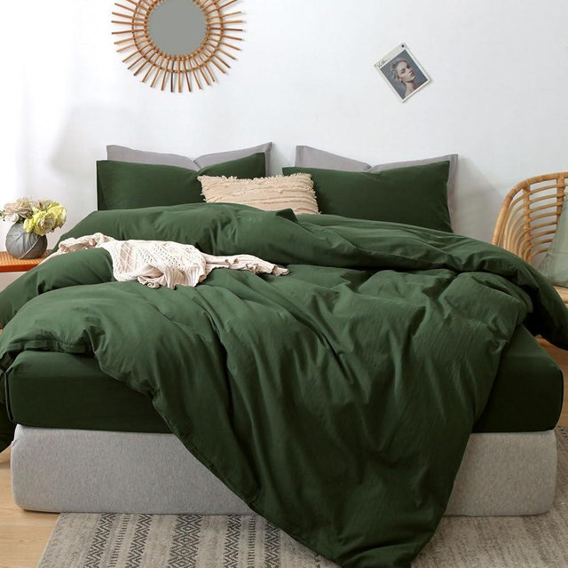 MooMee Bedding Duvet Cover Set 100% Washed Cotton Linen Like Textured Breathable Durable Soft Comfy (Solid Forest Green, Super King 108"x98")