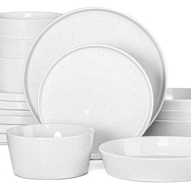Herogo Dinnerware Sets with Pasta Bowls for 4, 16 Piece Dinner Salad Plates and Cereal Serving Bowls, Double Reactive Glaze, Microwave & Dishwasher Safe, Chip & Scratch Resistant, Speckled White