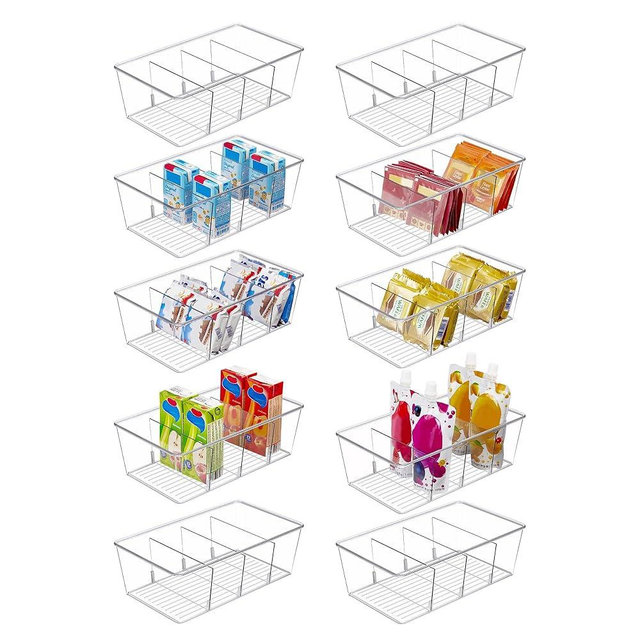 Vtopmart 10 Pack Food Storage Organizer Bins, Clear Plastic Bins for Pantry, Kitchen, Fridge, Cabinet Organization and Storage, 4 Compartment Holder Packets, Snacks, Pouches, Spice Packets