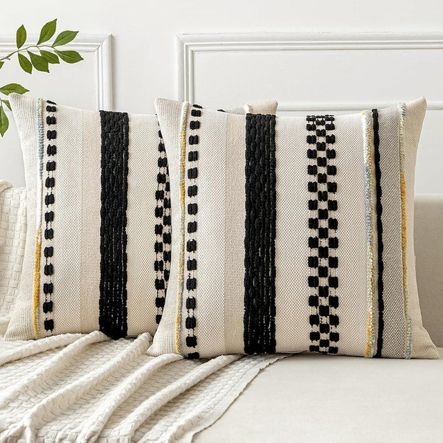 Woaboy Black Boho Throw Pillow Covers Set of 2 18x18 Inch Decorative Cushion Cases Multicolor Striped Chenille Pillow Covers Accent Pillowcase for Sofa Couch Bed