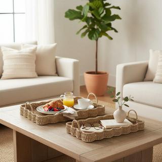 Woven Seagrass Scalloped 2-Piece Rectangular Tray