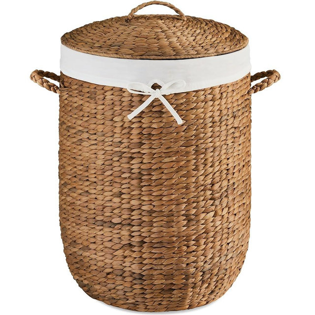 Best Choice Products Round Laundry Hamper w/Lid, Handwoven Laundry Basket, Built-in Handles & Removable Liner for Clothes, Towels, Blanket & Storage Organization - Chestnut