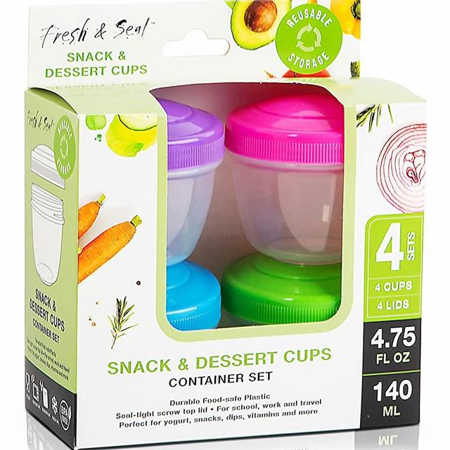 Snack Containers (4 Set) - 4.75 Oz Small Food Storage Cups with Lids - Fruit, Nuts, Sauce, Condiments, Salad Container for Lunch Box - Reusable Dessert Cups, Microwave and Freezer Friendly, BPA-free