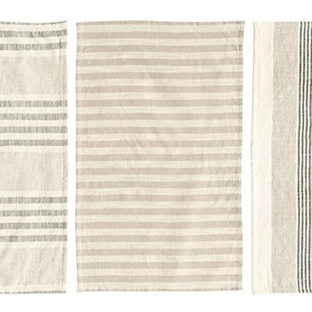 Creative Co-op Tan & Grey Striped Cotton Tea Towels (Set of 3 Pieces) Entertaining Textiles, Grey, 3 Count