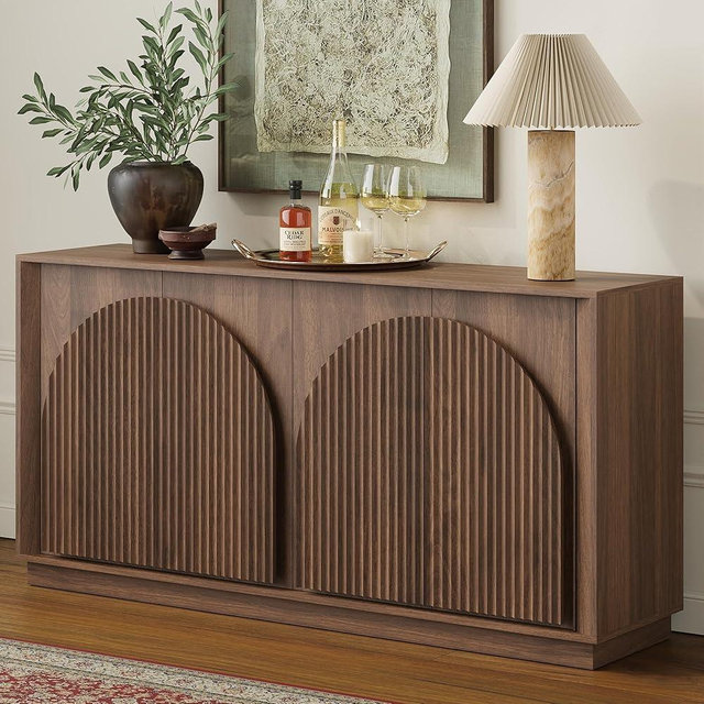 WIN2WIN Fluted Sideboard Buffet Cabinet with Storage, 65" Mid Century Modern Accent Cabinet with Double-Layered Arch Doors,Wood Media TV Console Table Credenza for Living Room Hallway Entryway, Walnut